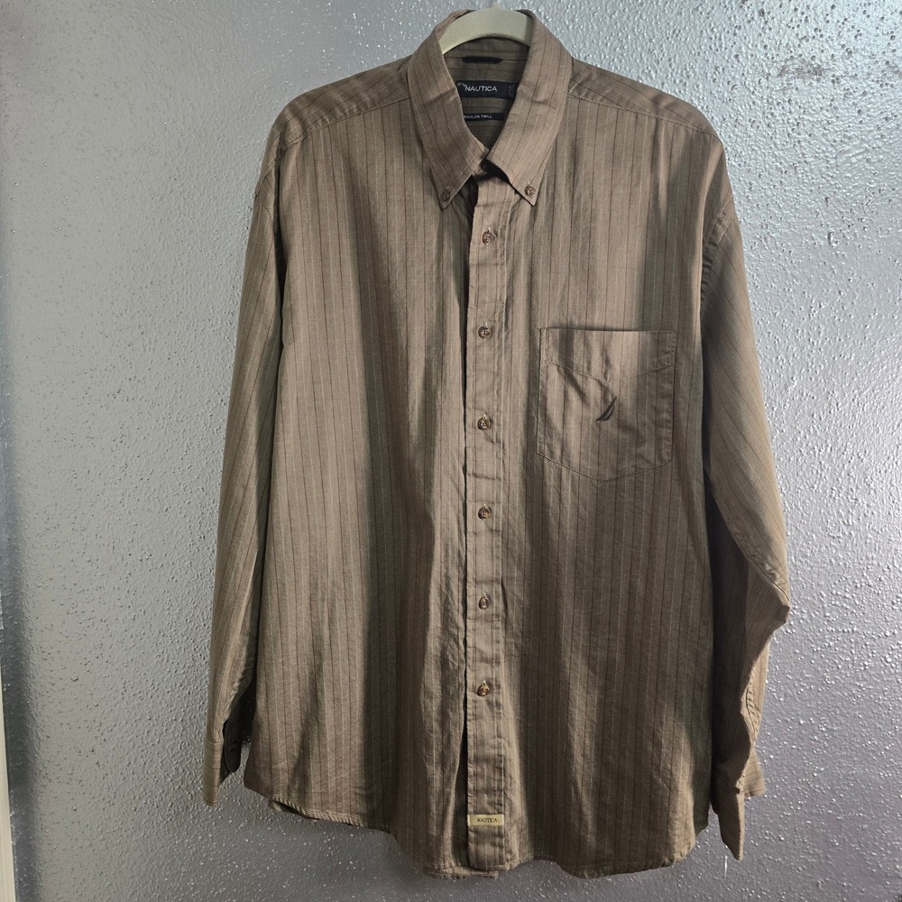 Nautica Traveler Twill Mens XL Brown Striped Button Down Cotton Shirt L/S